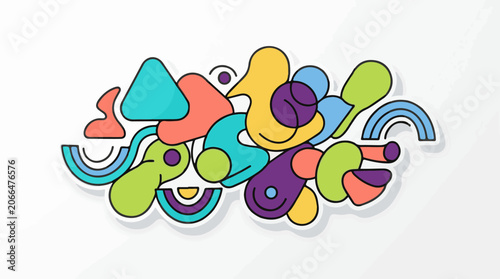 A colorful abstract artwork featuring various shapes and lines