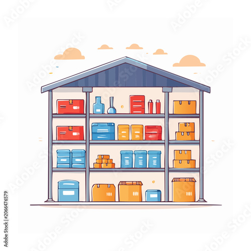 Illustration of warehouse shelves filled with boxes and containers