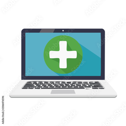 Laptop computer with green circle and white plus sign