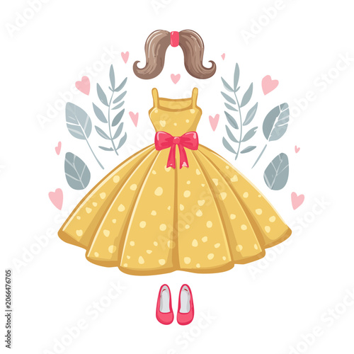 Yellow polka dot dress with pink bow and red shoes illustration