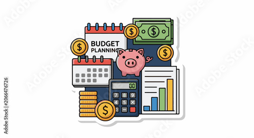 A colorful cartoon illustration of budgeting concept with a calendar, piggy bank, calculator, coins and money