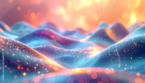 Vibrant, glowing, abstract landscape with wavy lines and sparkling particles
