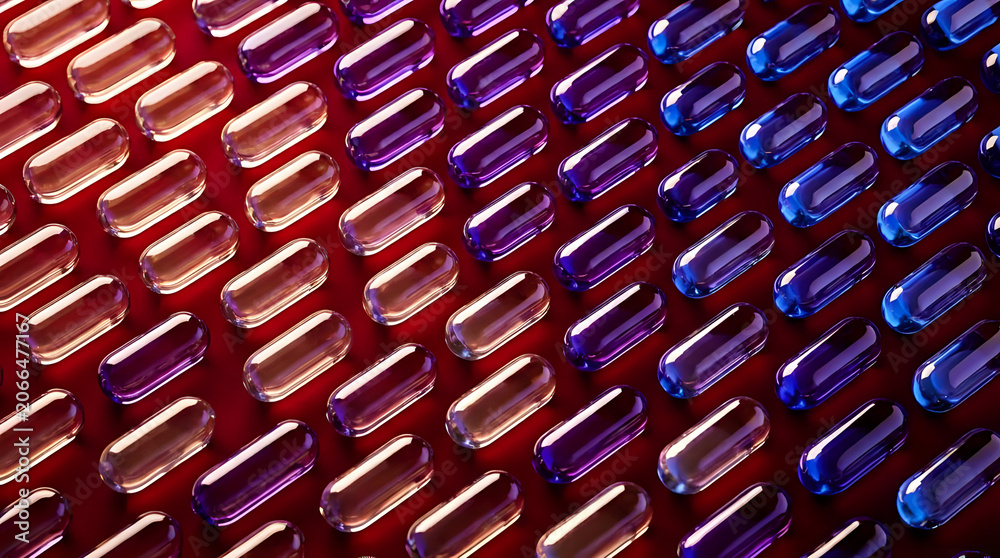 Fototapeta premium Abstract background featuring multiple rows of glowing blue and purple translucent medicine