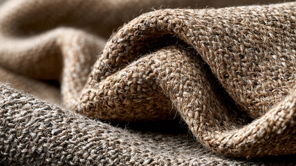 Top-down flat lay of coarse gray-beige linen with handwoven hemp textures and soft lighting. Minimal layout offers generous right negative space for logos, organic packaging, and commercial branding.