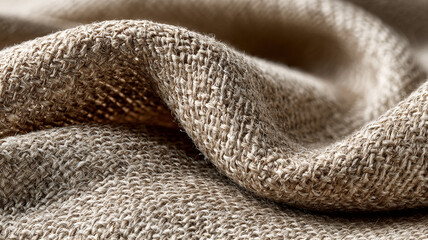Top-down flat lay of coarse gray-beige linen with handwoven hemp textures and soft lighting. Minimal layout offers generous right negative space for logos, organic packaging, and commercial branding.