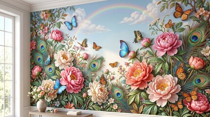 3D floral wallpaper with peony flowers, butterflies, and peacock feathers