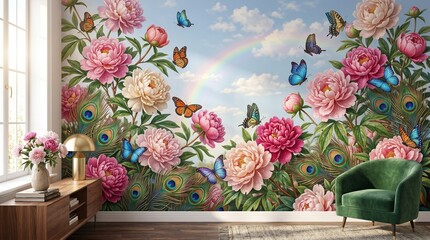3D floral wallpaper with peony flowers, butterflies, and peacock feathers