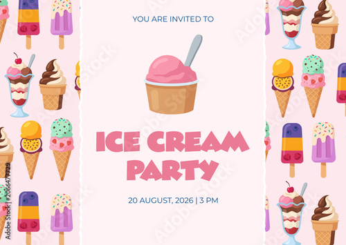 Ice Cream Party Invitation Poster with Dessert Pattern