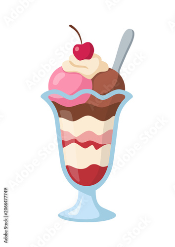 Ice Cream Sundae Dessert in Glass Cup Vector Illustration