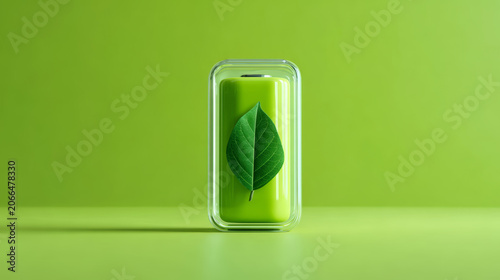 Glass battery icon with green leaf inside on lime green background eco energy concept