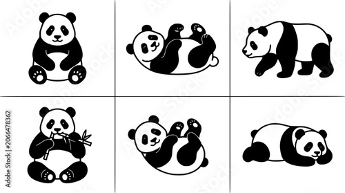 Panda Bear Icons Set with Black and White Vector Silhouettes Showing Sitting, Hugging, Lying, and Walking Poses