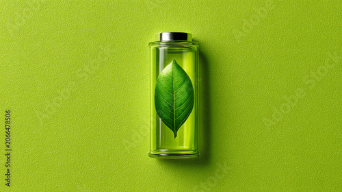 Glass battery icon with green leaf inside on lime green background eco energy concept