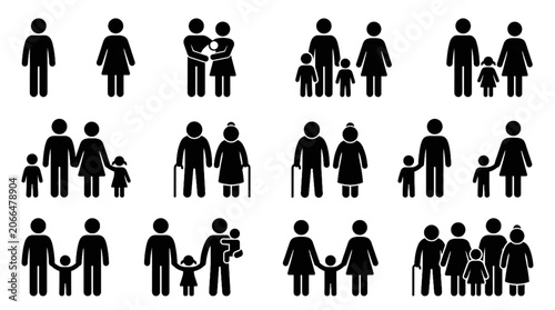 Nuclear Family Types Stick Figure Icon Set with Parents Children Grandparents and Same Sex Family Silhouettes