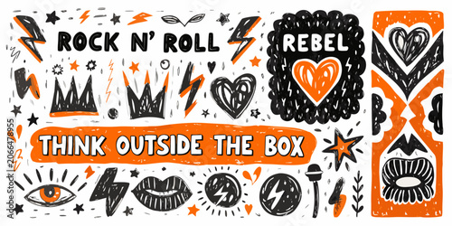 Photos Punk rock doodle pattern with lightning bolts and rebellious text on white