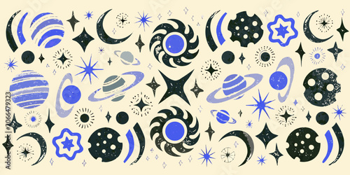 Canvas Print Retro space themed pattern with planets moons and stars