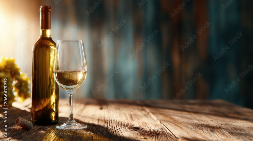 Obraz premium A captivating composition featuring a glass of white wine beside a bottle and grapes, elegantly displayed in warm sunlight, evoking a sense of relaxation and indulgence.