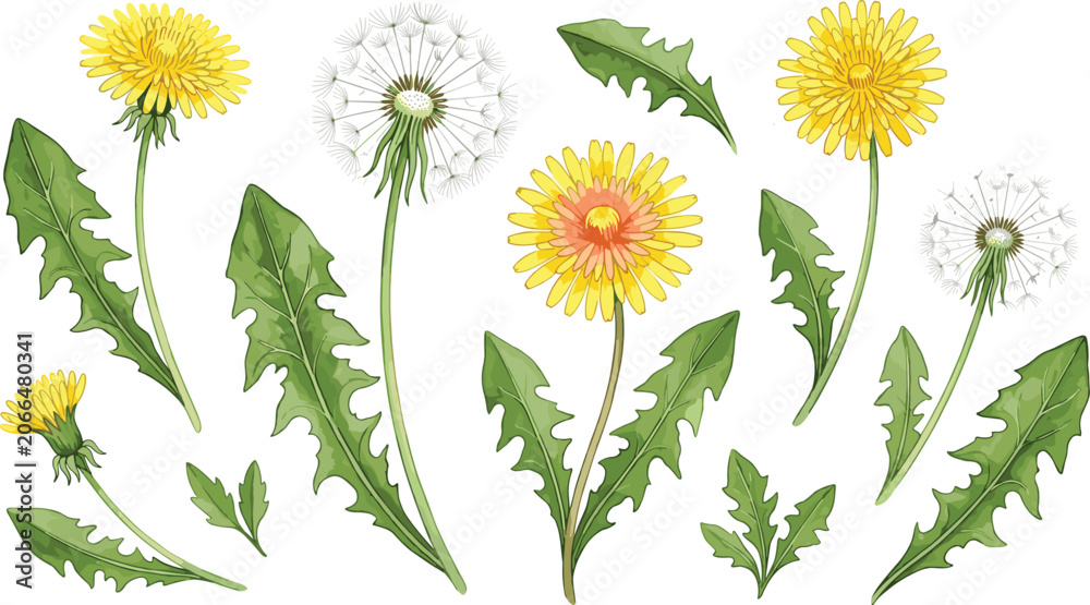 Fototapeta premium Watercolor Style Dandelion Botanical Vector Set with Yellow Flowers, Fluffy Seed Heads, and Green Leaves Isolated on a White Background
