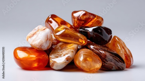A beautiful assortment of polished amber stones glistens against a clean background, showcasing their rich colors and unique textures, drawing attention to nature's beauty.