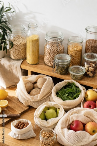 Zero waste pantry with dry goods in glass jars