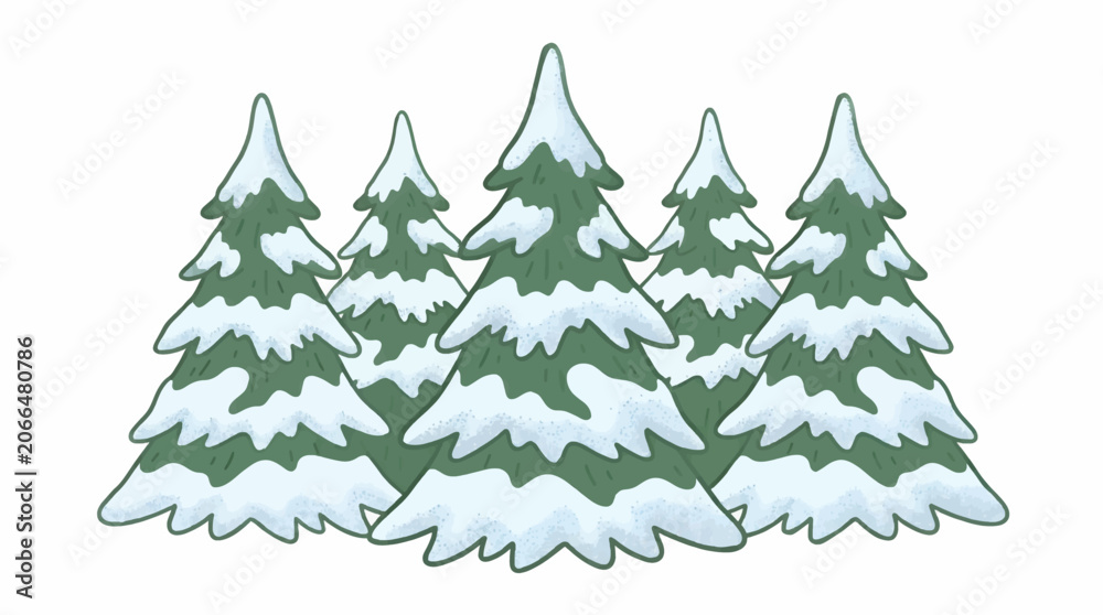 Obraz premium Stylized Pine Trees Heavily Laden with Snow, Winter Forest Scene, Flat Graphic Illustration with Clean White Background and Copy Space