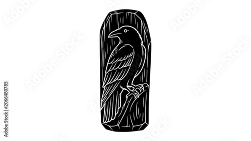 Εκτύπωση καμβά Raven Carving Emblem: An artistic, stylized raven carved onto a dark, textured surface, evoking a sense of mystery and natural power