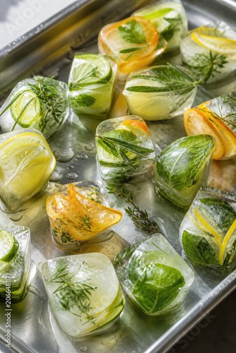 Herbal ice cubes with citrus and fresh leaves
