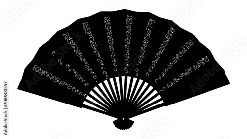 Obraz na plátně Ornate Black Folding Fan: An elegant black folding fan, intricately decorated with Asian calligraphy, stands open, showcasing its delicate craftsmanship and cultural heritage