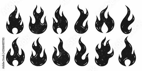 Fotografia Twelve Black Fire Flame Silhouettes On A White Background