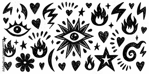 Quadro su tela Occult themed vector illustration with eyes stars and flame shapes