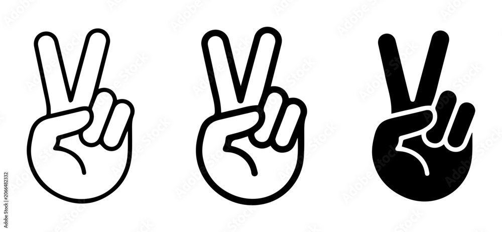 Fototapeta premium Peace Sign Icons, Victory Hand Gestures, V Symbol, Black and White Graphics