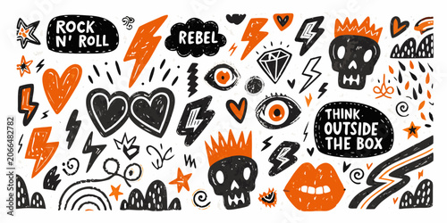 Tableau sur toile Punk Rock Doodle Pattern With Skulls Hearts And Lightning Bolts
