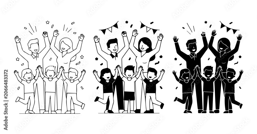 Obraz premium Celebration Family Vector Set: Joyful People, Confetti, Party Banners, Black & White
