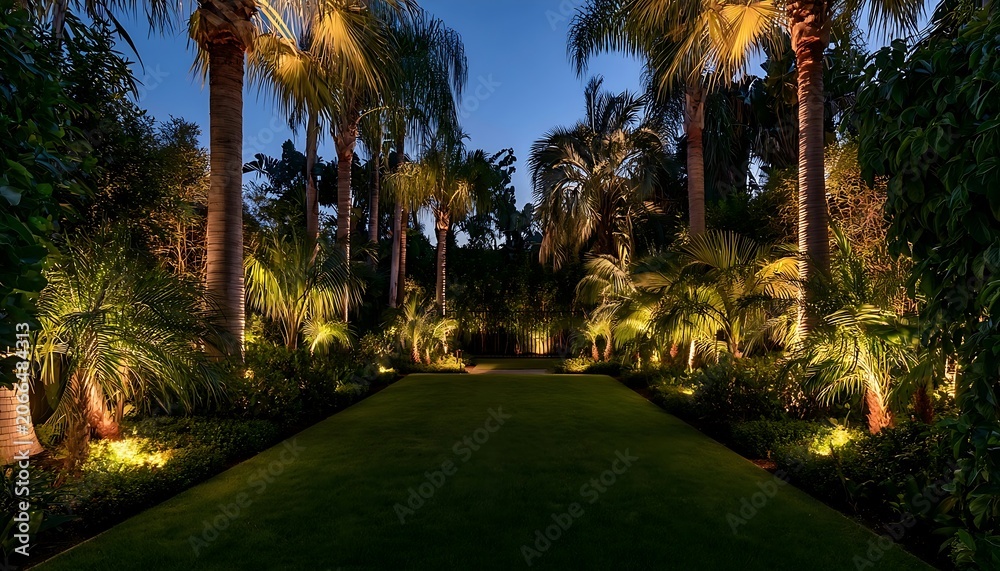 Fototapeta premium Illuminated tropical garden pathway at twilight with palm trees and lush foliage.