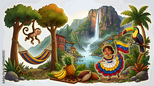 Bild auf Leinwand Cartoon Illustration of Venezuelan Culture featuring a Woman in Traditional Dres