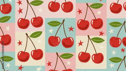 A repeating pattern of cherries and stars on pastel-colored squares
