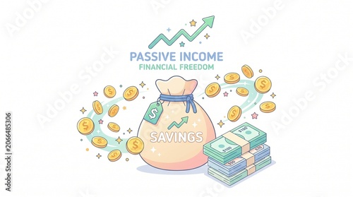 Vector illustration of passive income and financial freedom. Showcases savings, money, and growth, representing wealth accumulation and economic independence