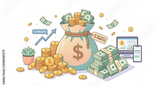 Flat illustration of a money bag with stacks of coins and cash, representing financial growth, wealth, and business profit