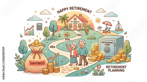 Senior Couple Walking Towards Dream Home Retirement Planning Concept Illustration