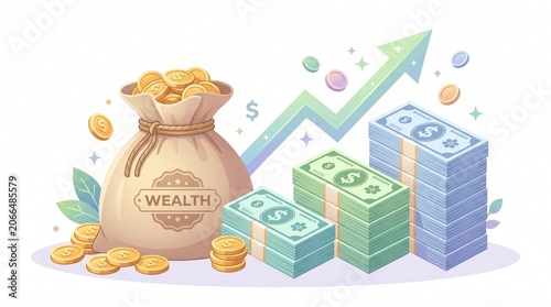 Financial Wealth Growth Concept with Stacked Paper Currency and Gold Coins in a Sack