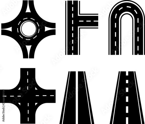Road intersection and highway perspective silhouette icon set for street traffic junction and map navigation design elements