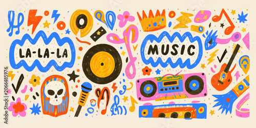 Photos Hand drawn doodle collage featuring musical instruments and speech bubbles