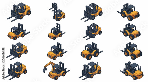 Valokuva Collection of yellow industrial forklifts in isometric view.
