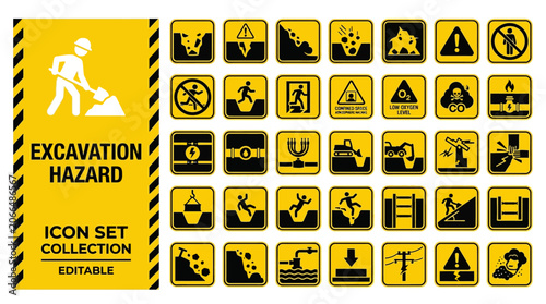 Obraz na płótnie Excavation hazard warning icon set for construction site safety