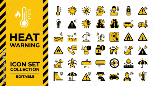 Fotografie Heat warning icon set for extreme summer weather and climate safety