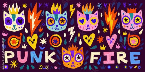 Photos Colorful Punk Style Cat Doodle Pattern With Flames And Stars