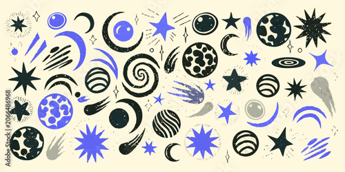 Celestial Pattern With Planets Stars And Moons In A Hand drawn Style