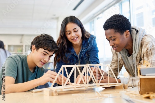 Students building bridge model in STEM workshop