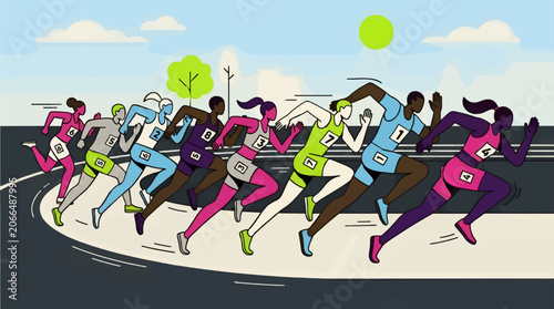 Obraz na płótnie Diverse Athletes Running Race on Track, Stylized Flat Illustration with Dynamic