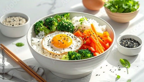 Fried Egg Rice Bowl with Fresh Vegetables on Bright Kitchen Table