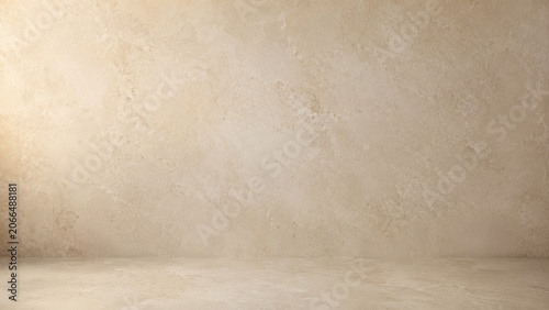 Warm beige greige plaster wall and floor studio background with empty room perspective, neutral textured photo backdrop for product display, minimal mockup scene and soft copy space